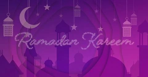 Glowing central cursive Ramadan Kareem text floating on Ramadan card night sky, Stock Illustration