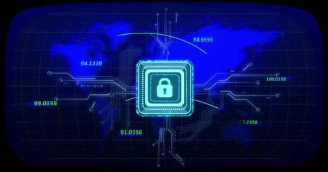 Glowing central cyan padlock chip sitting at deep blue global map, radiating Stockillustratie