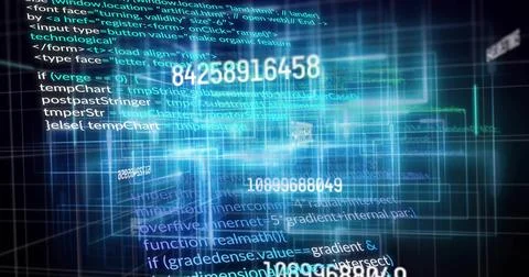 Glowing central data cluster streaming code and numeric overlays in navy virtual Stock Illustration