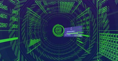 Glowing central data node pulsing in virtual 3D tunnel, displaying holographi Stock Illustration