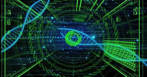 Glowing central DNA helix spiraling through virtual data tunnel, with neon Stock Illustration