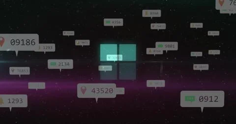 Glowing central four-pane window icon floating in starfield, showing data tag Stock Illustration