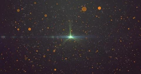 Glowing central green star making spikes, lens flare in deep space, with amber Stock Illustration