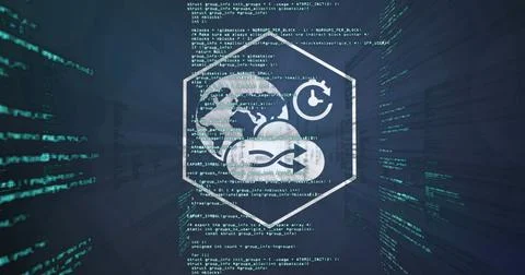 Glowing central hexagonal emblem hovering in data tunnel, showing globe cloud Stock Photos
