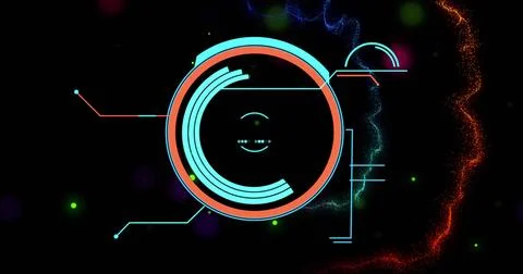 Glowing central HUD circular interface pulsing on dark void, showing neon Stock Photos