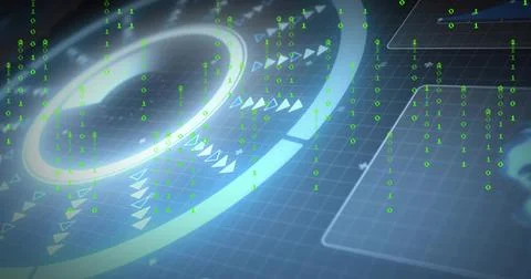 Glowing central HUD ring rotating over gridded digital plane, showing falling Stock Photos