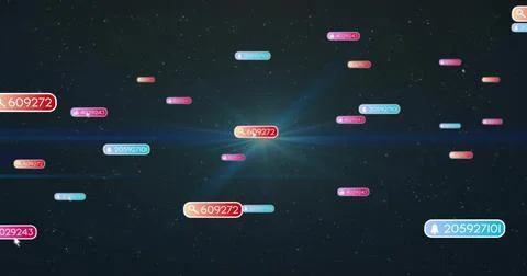 Glowing central label floating in dark starfield, displaying magnifying-glass 스톡 일러스트