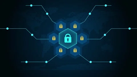 A glowing central lock icon protection across a hexagonal digital network Stock Footage 347929641