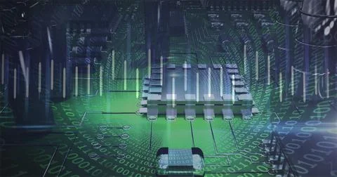 Glowing central metallic integrated circuit sending signals across green PCB, Stock Illustration