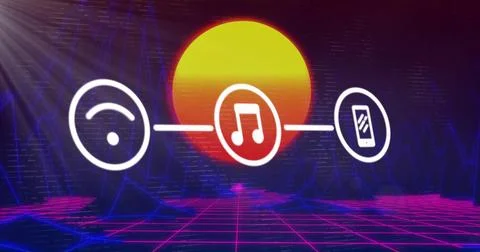 Glowing central music icon hovering above magenta blue grid horizon, linking to Stock Illustration