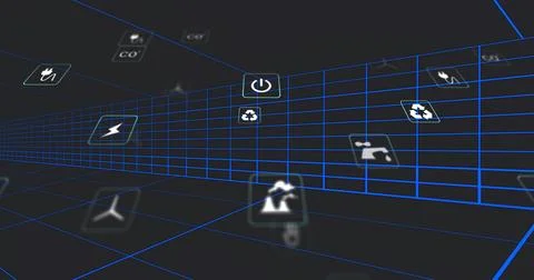 Glowing central neon-blue grid corridor drawing viewer into virtual 3D space, Stock Photos
