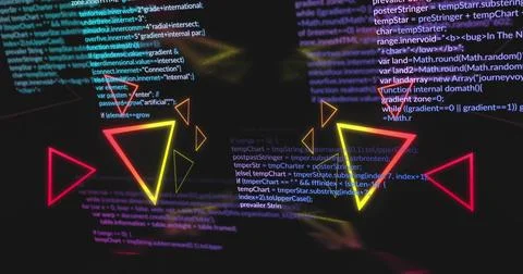 Glowing central neon triangle cluster overlapping with code on black digital 스톡 일러스트