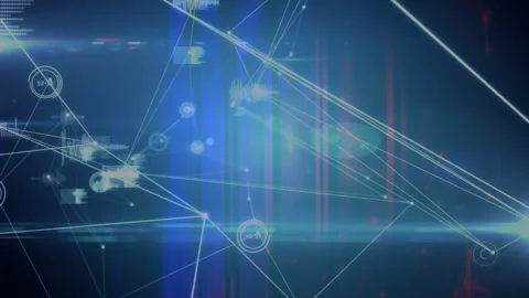 Glowing central node driving white lines linking nodes while panels emerging and 스톡 동영상 310141538