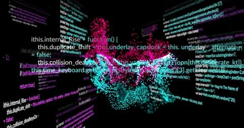 Glowing central particle cloud swirling in virtual 3D data space, with overlaid イラスト素材