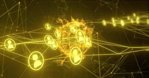Glowing central polyhedral hub pulsing inside dark virtual space, with avatar Stock Illustration