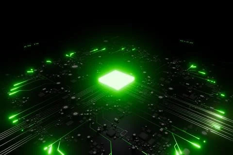 Glowing central processing unit on circuit board. 3d render Stock Illustration