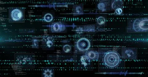 Glowing central radar display rotating in dark cyberspace with UI panels and Illustrazione stock