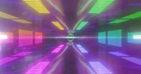 Glowing central ring emitting horizontal lens flare inside futuristic corridor, Stockillustratie