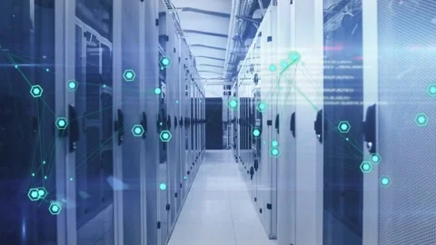 Glowing central server-rack aisle showing teal hex nodes and linking lines in Stock Footage 331701527