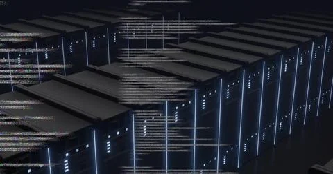 Glowing central server rack cabinets pulsing through dark data center aisles, Foto stock