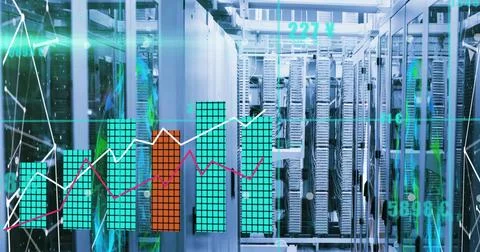 Glowing central server rack row showing bar chart overlays and trend lines Stock Photos