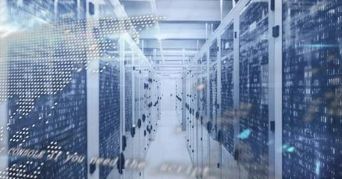 Glowing central server racks bathing data center corridor with LED lights, Stock Photos