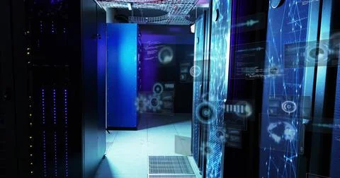 Glowing central server racks displaying holographic overlays in data center, 스톡 사진