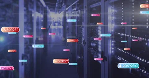 Glowing central server racks reflecting blue light in data center aisle, with 스톡 사진