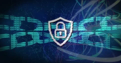Glowing central shield with padlock icon protecting abstract digital network, Stock Photos