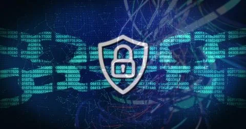 Glowing central shield with padlock reacting to detection in cyber canvas, Stock Photos