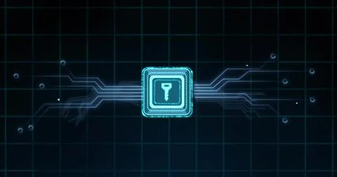 Glowing central teal chip with key icon emitting neon lines across grid, Illustrazione stock