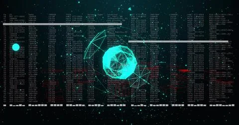 Glowing central teal wireframe sphere rotating and pulsing in virtual space, Stock Illustration