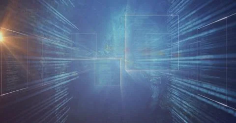 Glowing central translucent panel floating in digital space, with code streams 库存照片