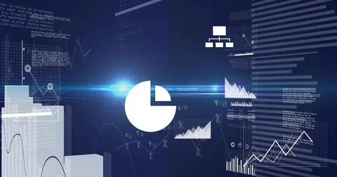 Glowing central white pie-chart crossing blue lens flare in virtual dashboard, Stock Illustration