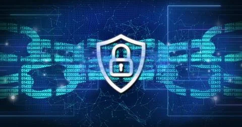 Glowing central white shield with padlock protecting virtual network, with teal Stock Photos