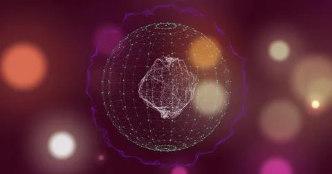Glowing central wireframe sphere pulsing with mesh core and purple waveform in Stock Illustration