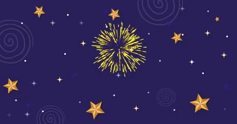 Glowing central yellow firework radiating across navy night sky, with gold Stock Photos