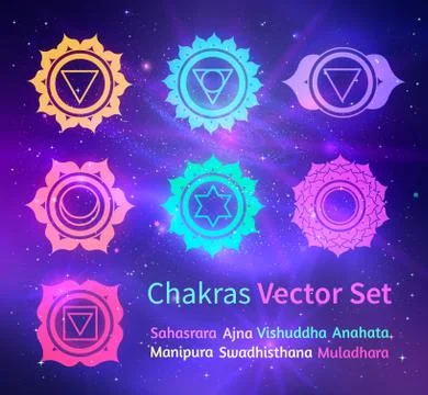 Glowing chakras on space background Stock Illustration