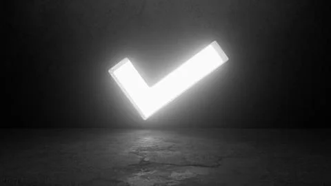 Glowing check mark symbol floating on dark background Illustrazione stock