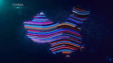 Glowing China Map With Neon Waves And Digital Light Ilustração Stock