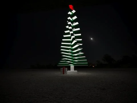 Glowing Christmas tree against the backdrop of the night sky with a foil gift Stock Illustration