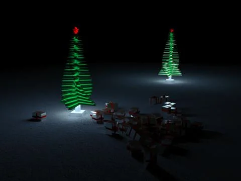 A glowing Christmas tree on a dark background with gold gift boxes scattered Stock Illustration