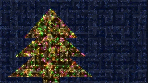 Glowing Christmas tree formed from digital circuit board patterns creates a Stock Footage 342115595