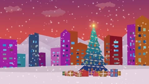 Glowing Christmas tree surrounded by presents in a snowy abstract city Stock Footage 338194812