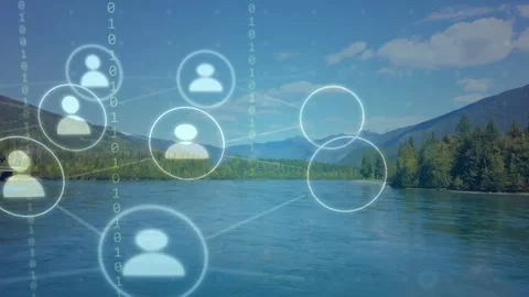 Glowing circle appearing over river duplicating nodes drifting linking and Stock Footage 333975752