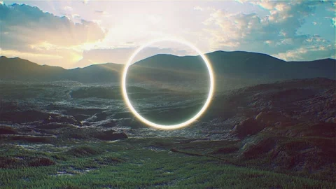 Glowing Circle Ring Light on the Sunrise Nature Background 4K Stock Footage 159651819