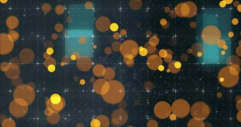 Glowing circles and grid pattern animation over dark background with blue Video stock 306564800