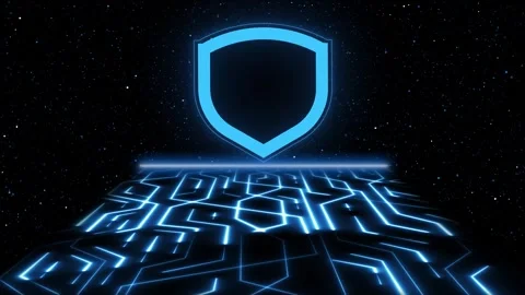 Glowing circuit board path illuminates starry space beneath a blue shield. .. Stock Footage 338240185