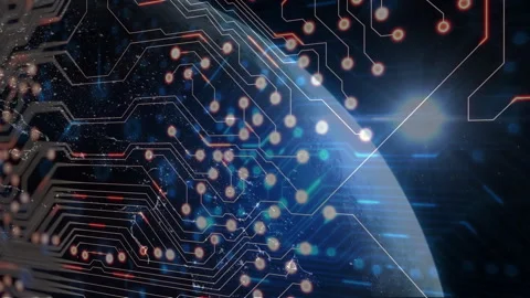 Glowing circuit board pattern with animation over cosmic background and light Stock Footage 303870162