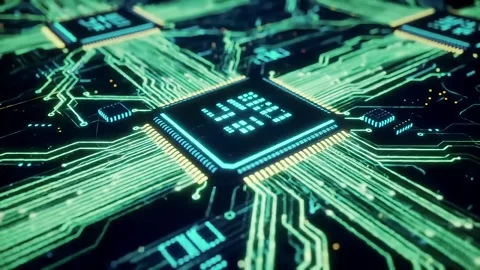 Glowing Circuit Board with Processor Chip Closeup Stock Footage 313324206